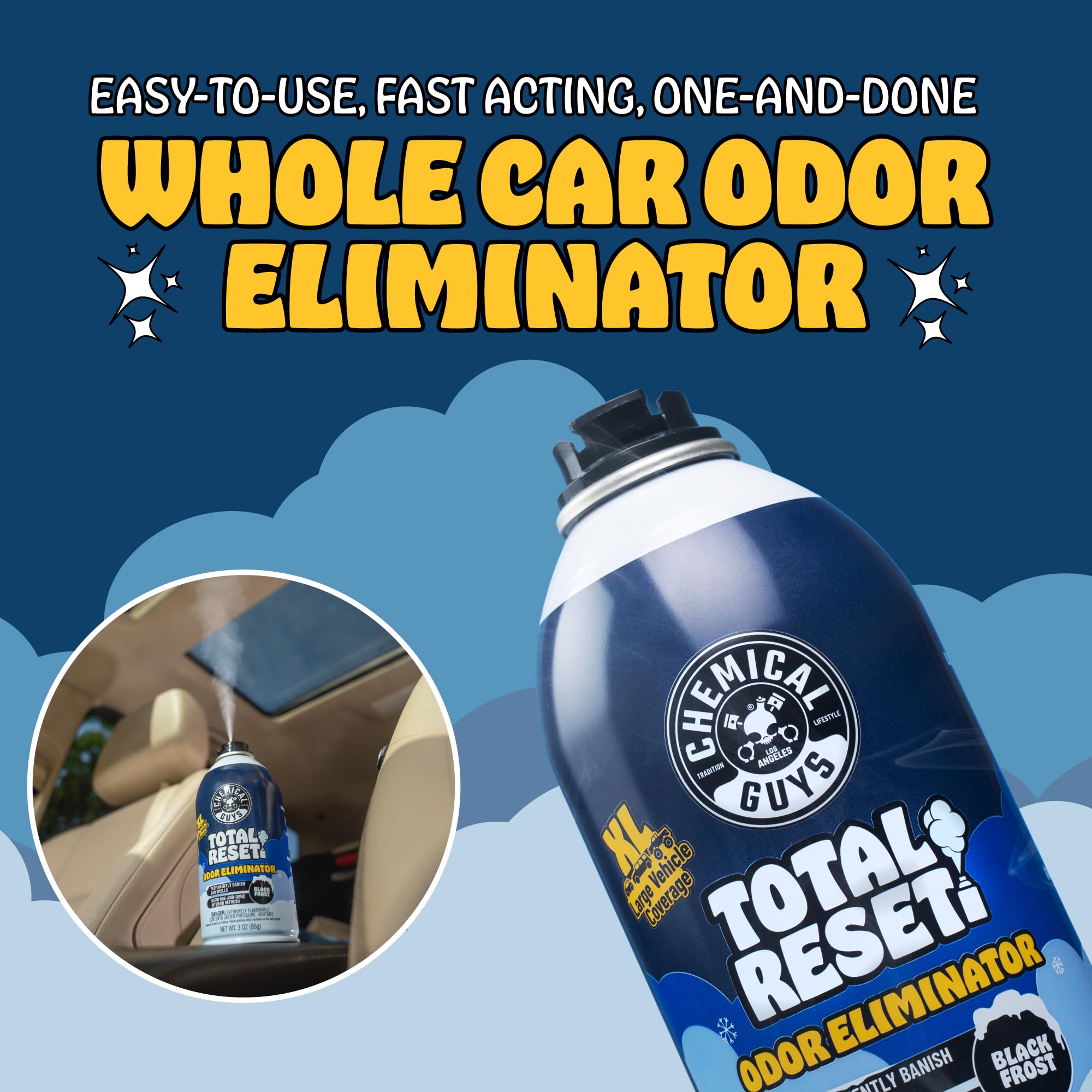 Chemical Guys Odor Eliminating Fogger ultra-fine mist evenly treats the cabin.