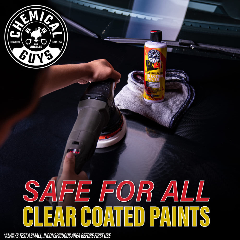 Chemical Guys P4 Polish with dual-action polisher for efficient correction.