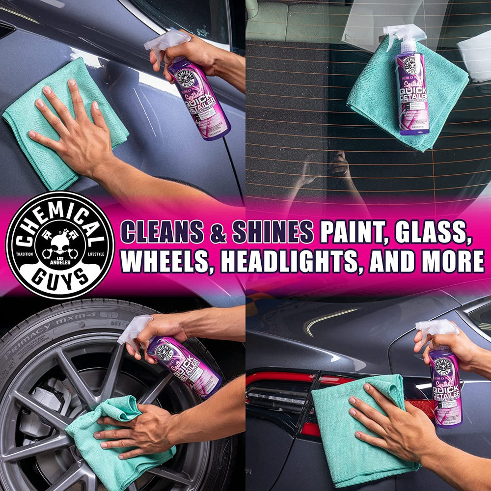 Chemical Guys Quick Detailer with microfiber towel demonstrates light-dirt lifting technique.