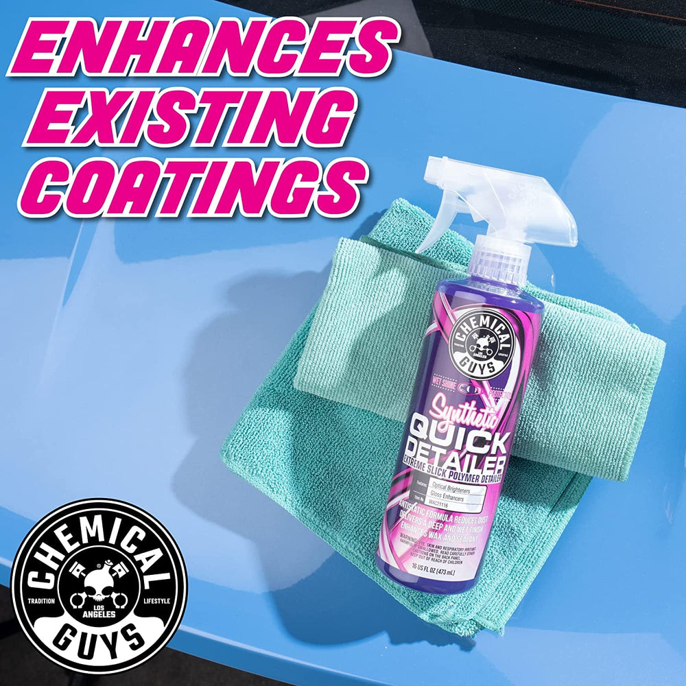 Chemical Guys Quick Detailer spray mist shown during application on clean panels.