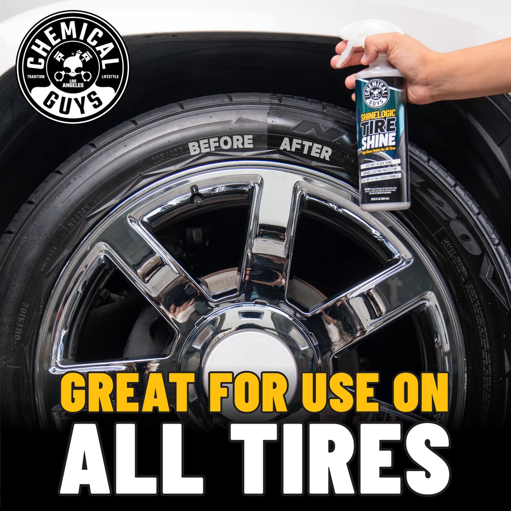 Chemical Guys Shine Logic Tire Shine offers satin-to-gloss finish for customizable looks.