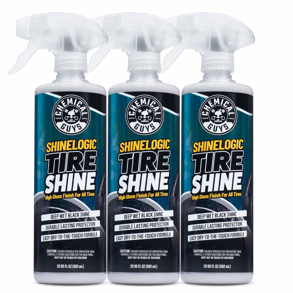 Chemical Guys ShineLogic Tire Shine 3-Pack bottles deliver a deep, durable tire gloss.