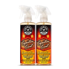 Chemical Guys Signature Scent air freshener bottle delivers a long-lasting car fragrance.