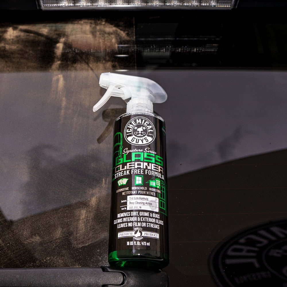 Chemical Guys Signature Series Glass Cleaner label closeup shows product features.
