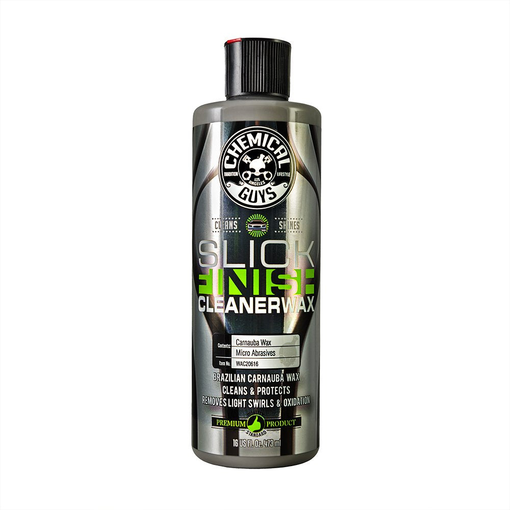 Chemical Guys Slick Finish Cleaner Wax bottle pour for easy, controlled application and even coverage.