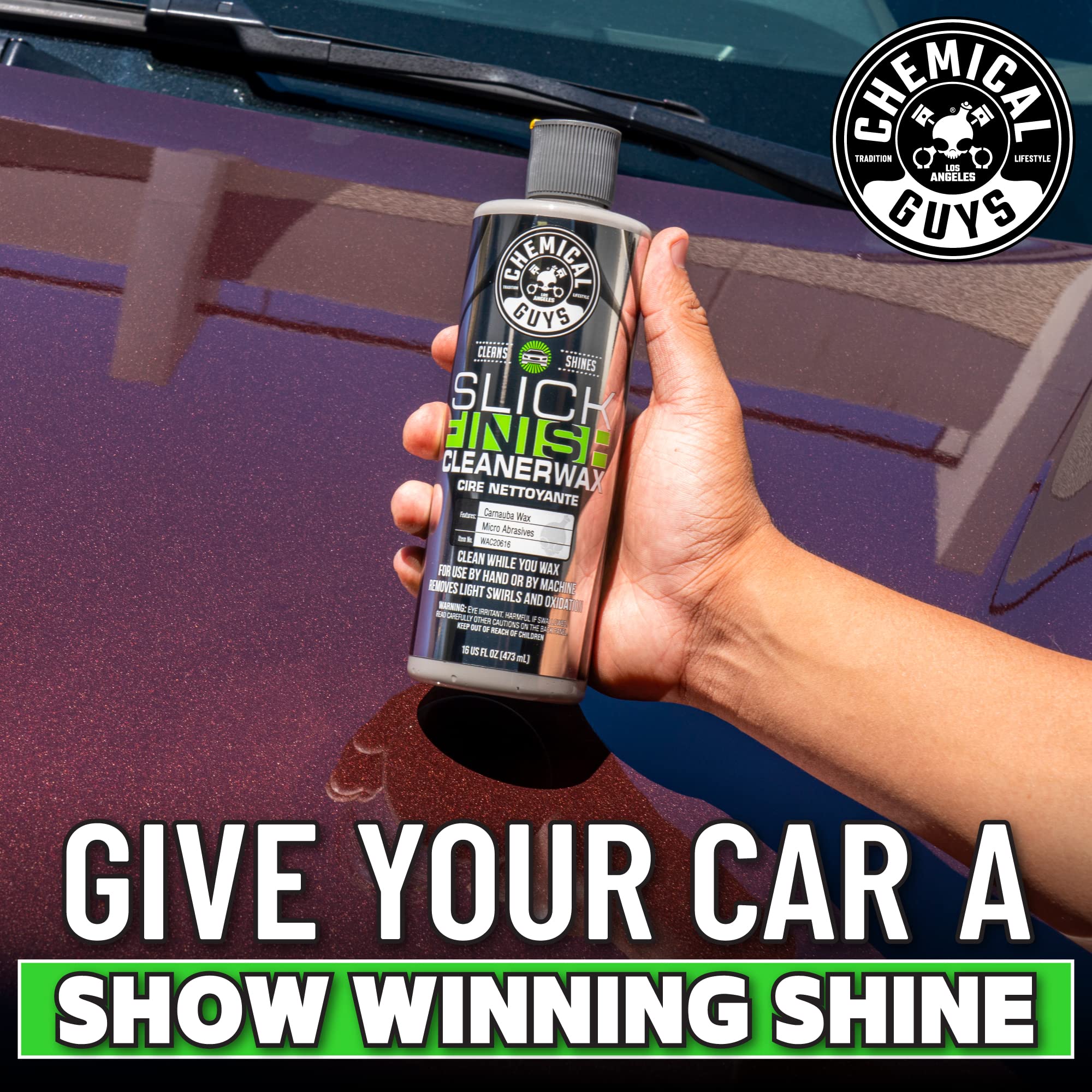 Chemical Guys Slick Finish Cleaner Wax car paint shine captures brilliant color and glass-like reflections.