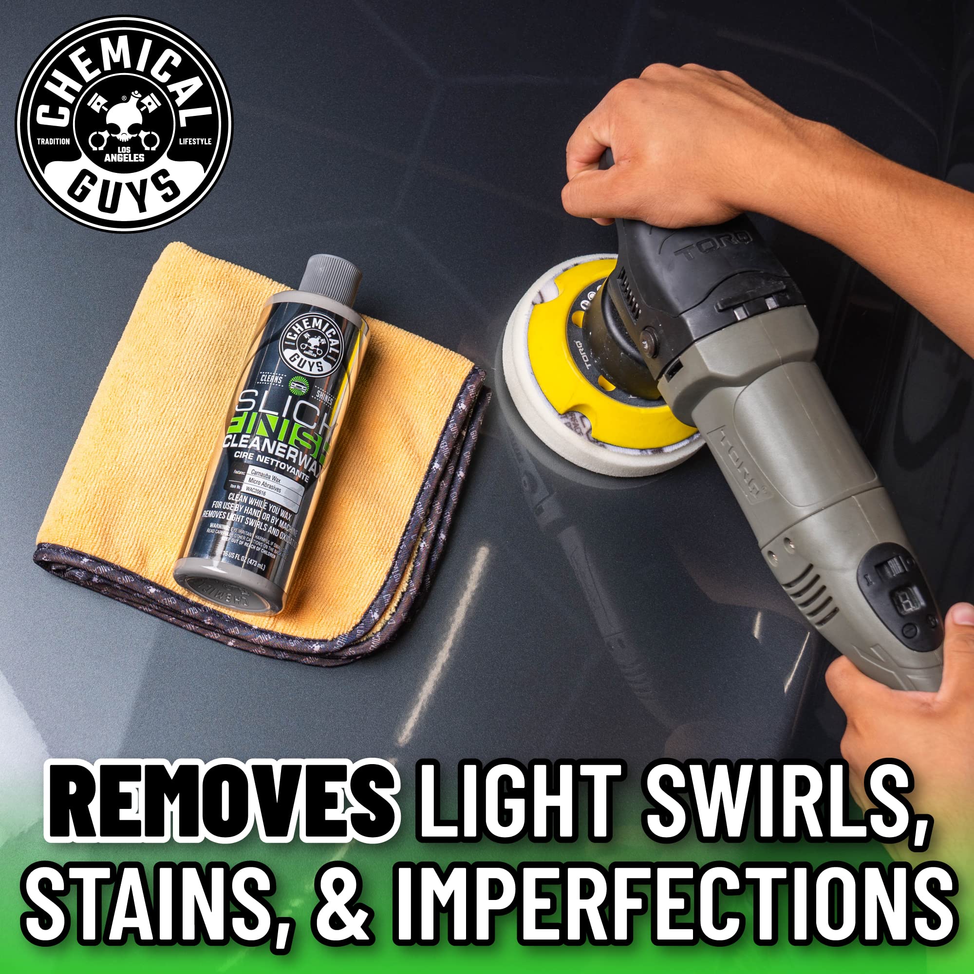 Chemical Guys Slick Finish Cleaner Wax foam pad application shows quick, uniform layer with reduced effort.