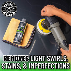 Chemical Guys Slick Finish Cleaner Wax foam pad application shows quick, uniform layer with reduced effort.