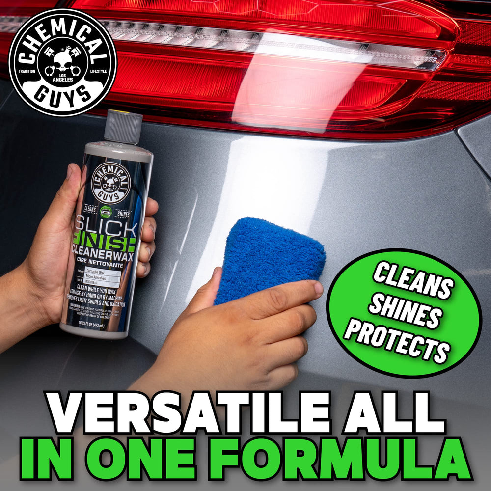 Chemical Guys Slick Finish Cleaner Wax surface gloss enhances paint with slick, hydrophobic feel.