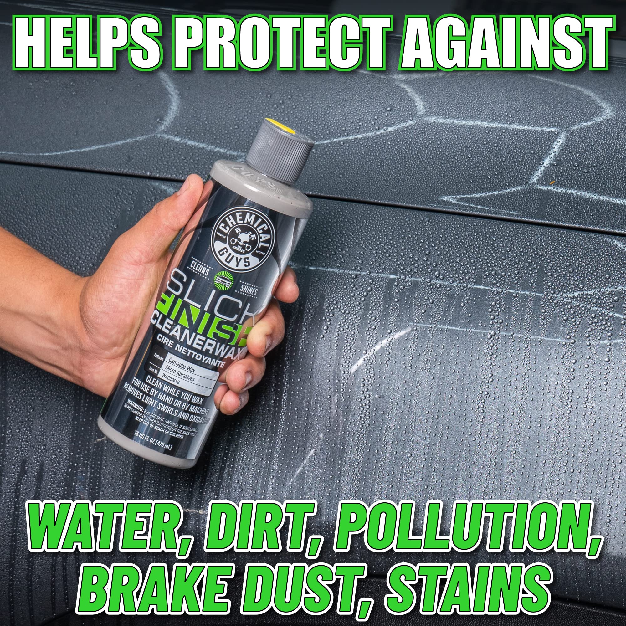Chemical Guys Slick Finish Cleaner Wax water beading and dirt repellent effect.