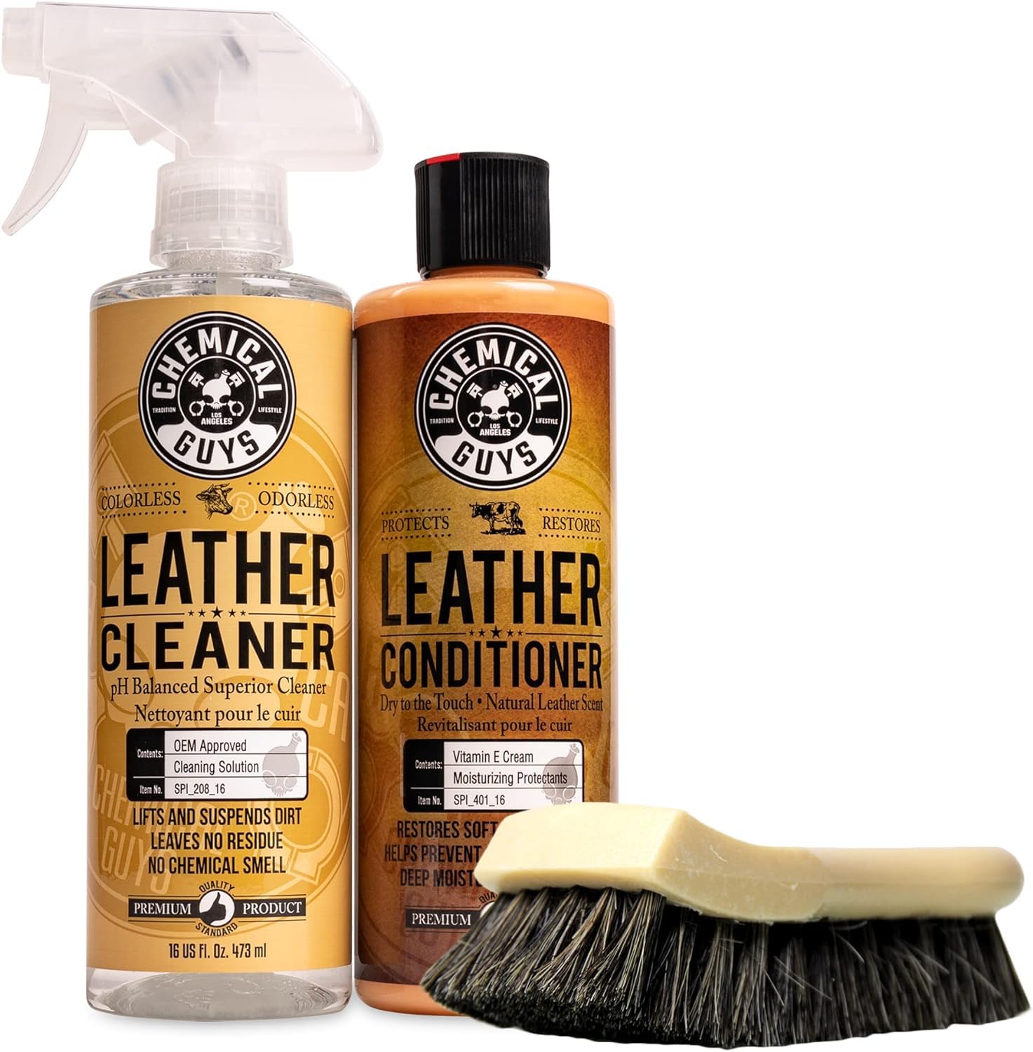 Chemical Guys SPI410 leather cleaner bottle for gentle dirt removal and color protection.