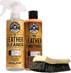 Chemical Guys SPI410 leather cleaner bottle for gentle dirt removal and color protection.
