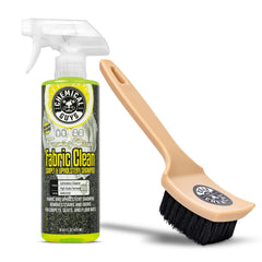 Chemical Guys Sprayable Citrus Fabric Clean bottle demonstrates easy spray application for car fabrics.