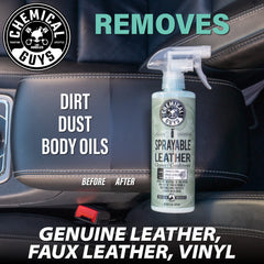 Chemical Guys Sprayable Leather Cleaner and Conditioner spray-application enables fast on-spot cleaning.
