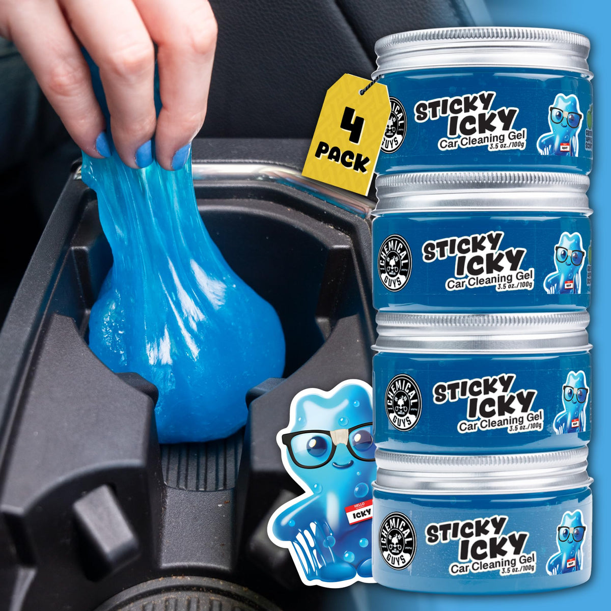 Chemical Guys Sticky Icky gel jar with green apple scent for quick interior cleaning