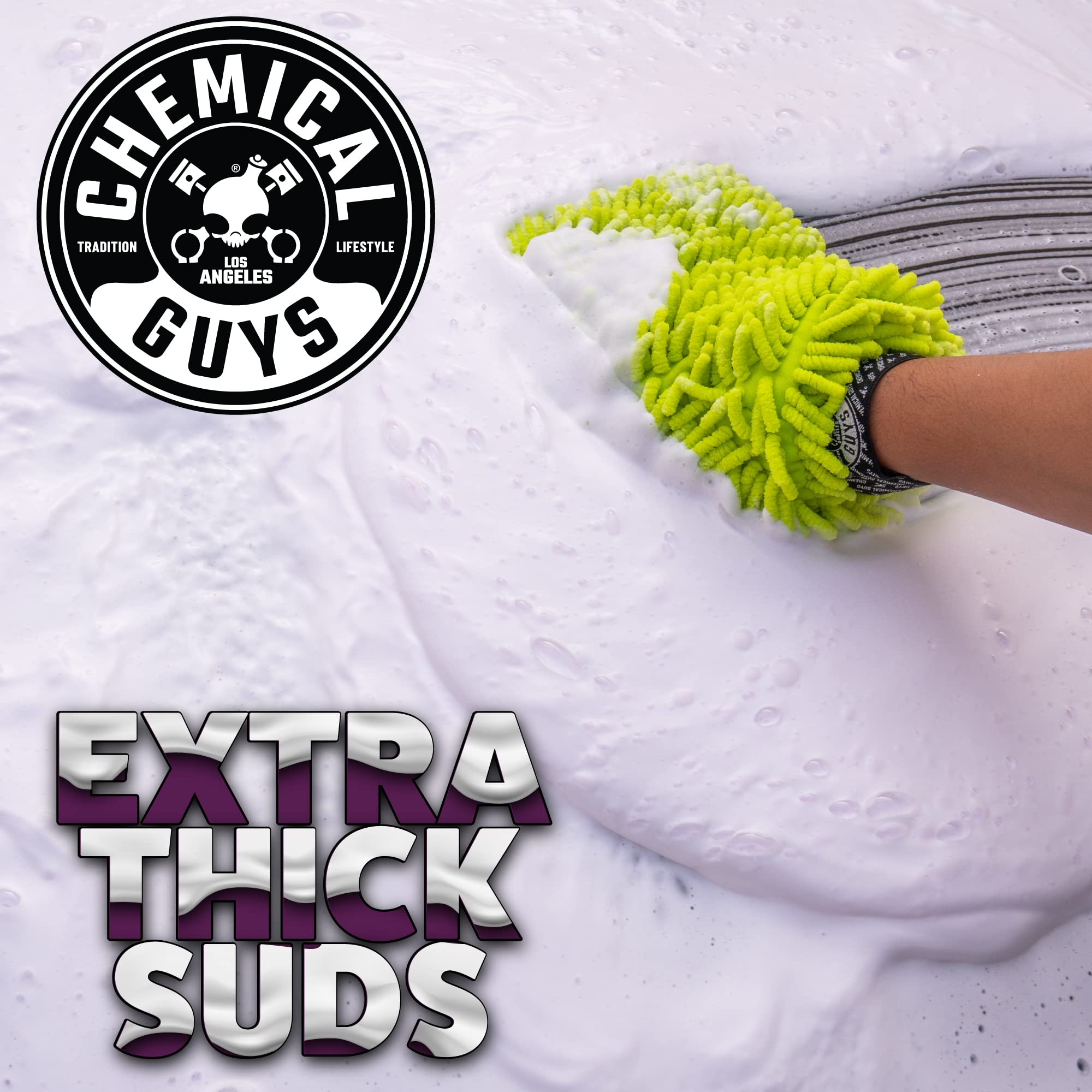 Chemical Guys Sticky Snowball closeup highlights ultra-thick foam clinging to paint.