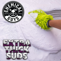 Chemical Guys Sticky Snowball closeup highlights ultra-thick foam clinging to paint.