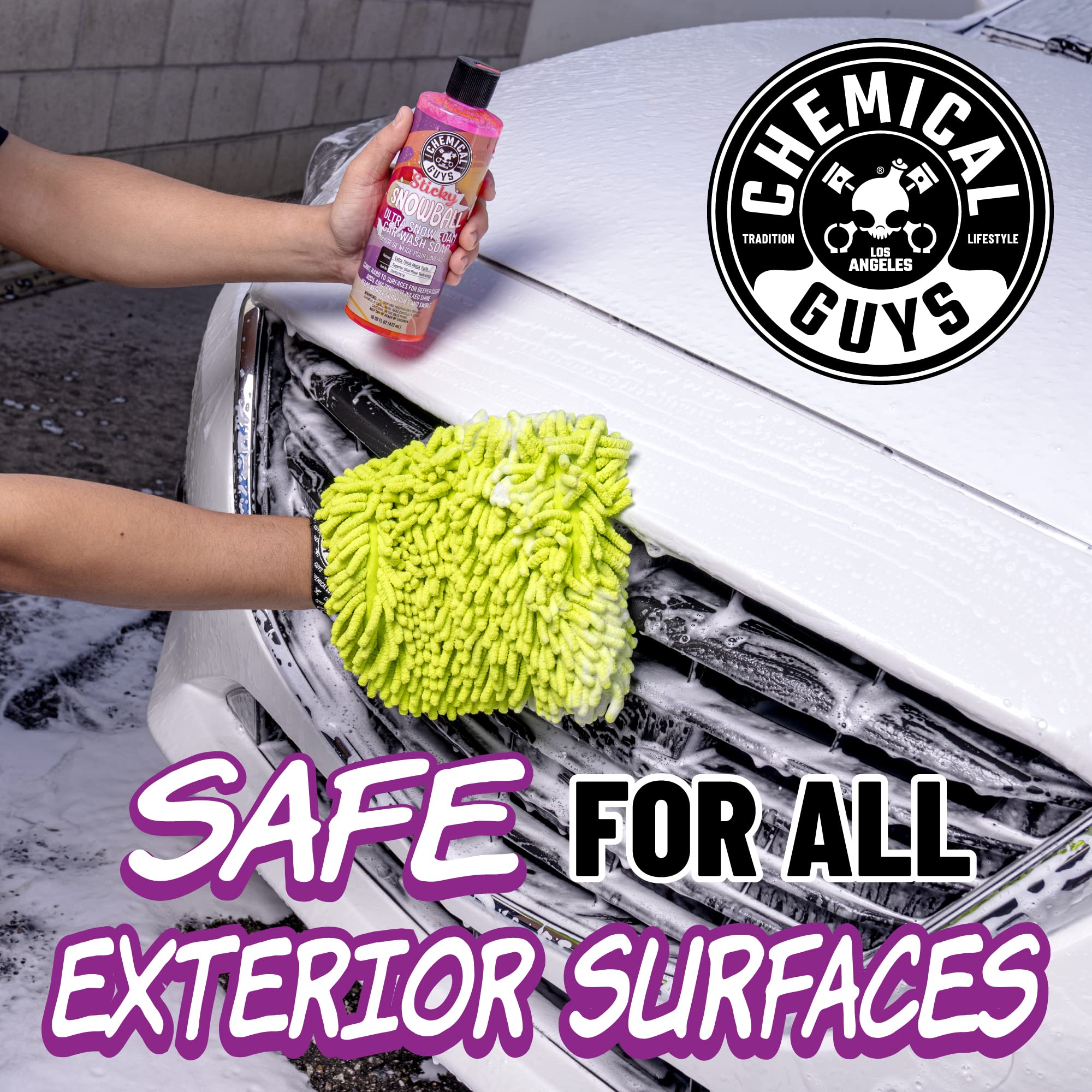 Chemical Guys Sticky Snowball is safe on all paint finishes, preserving waxes and sealants.