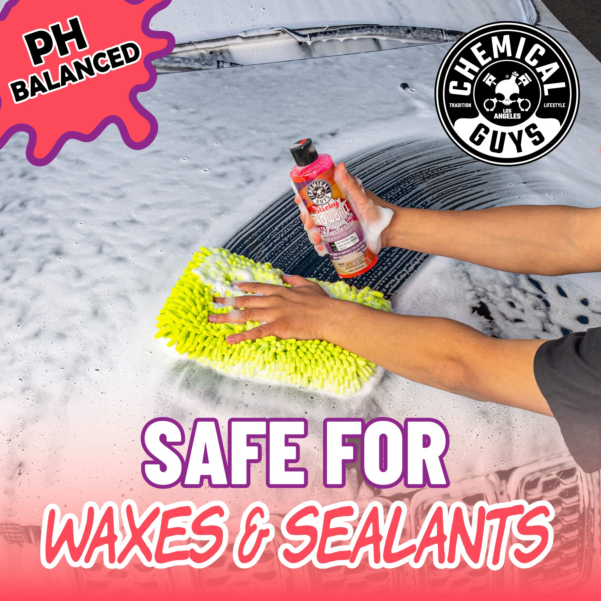 Chemical Guys Sticky Snowball foam-gun setup creates lasting foam for easy grime encapsulation.