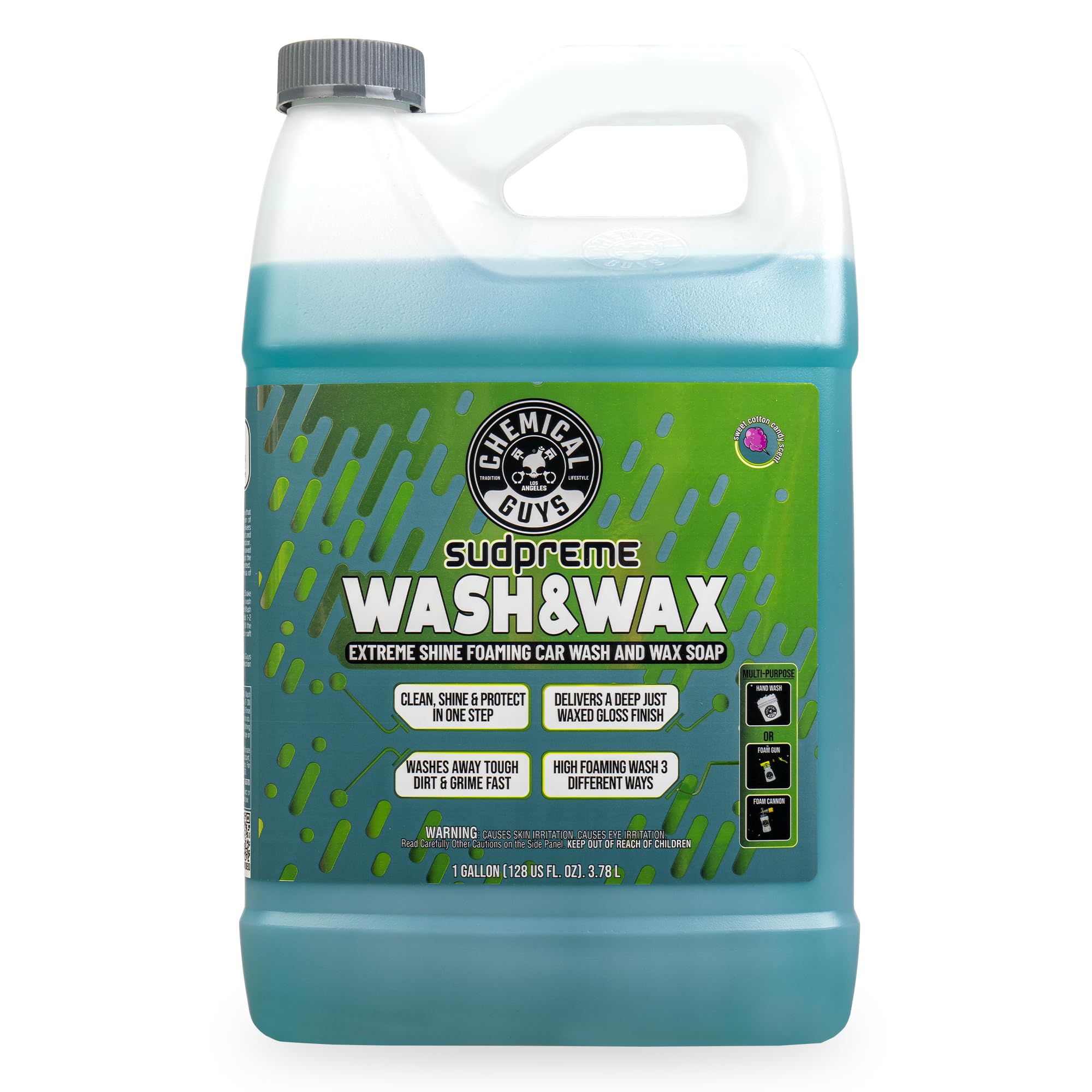 Chemical Guys Sudpreme Wash & Wax bottle closeup showing deep cleaning and carnauba shine
