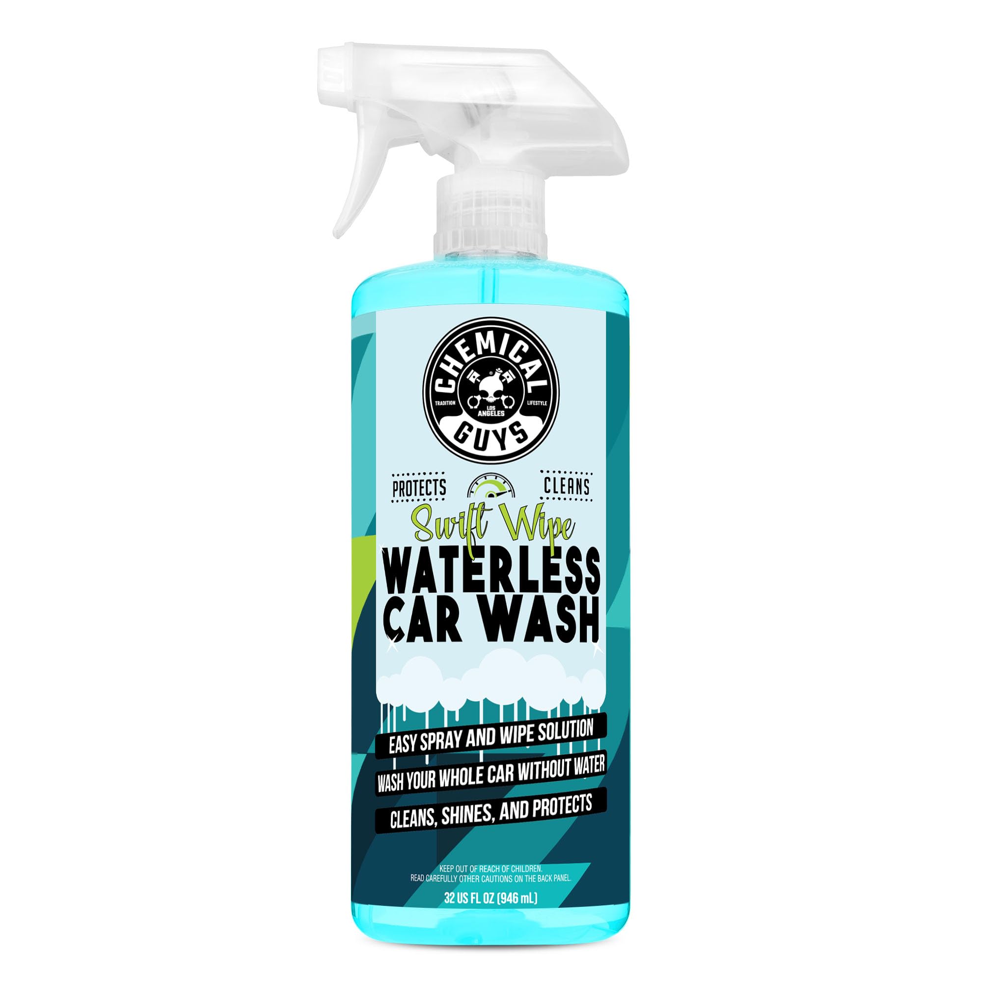 Chemical Guys Swift Wipe bottle spray demonstrates easy, waterless cleaning for on-the-go maintenance.