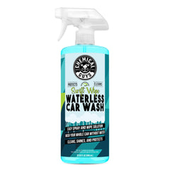 Chemical Guys Swift Wipe bottle spray demonstrates easy, waterless cleaning for on-the-go maintenance.