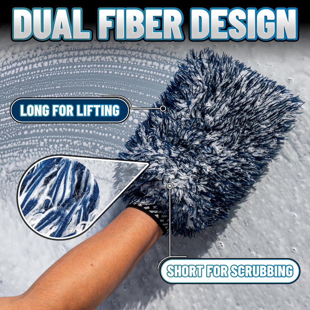 Chemical Guys The Dually white short fibers scrub stubborn grime on surfaces.