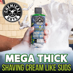 Dense foam clings to paint, lifting dirt before wash