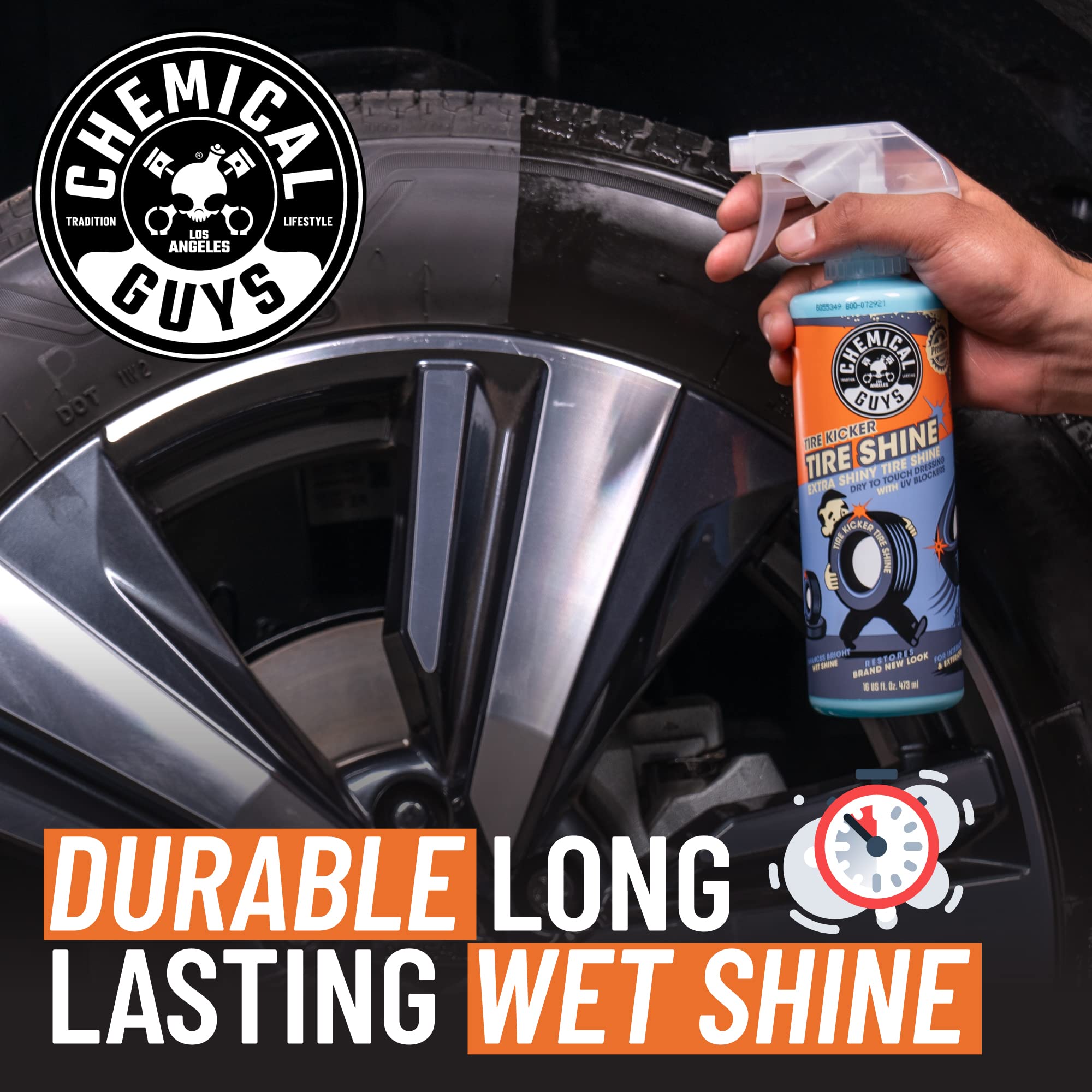 Chemical Guys Tire Kicker sprayable tire shine with foam applicator demonstrates easy, even application