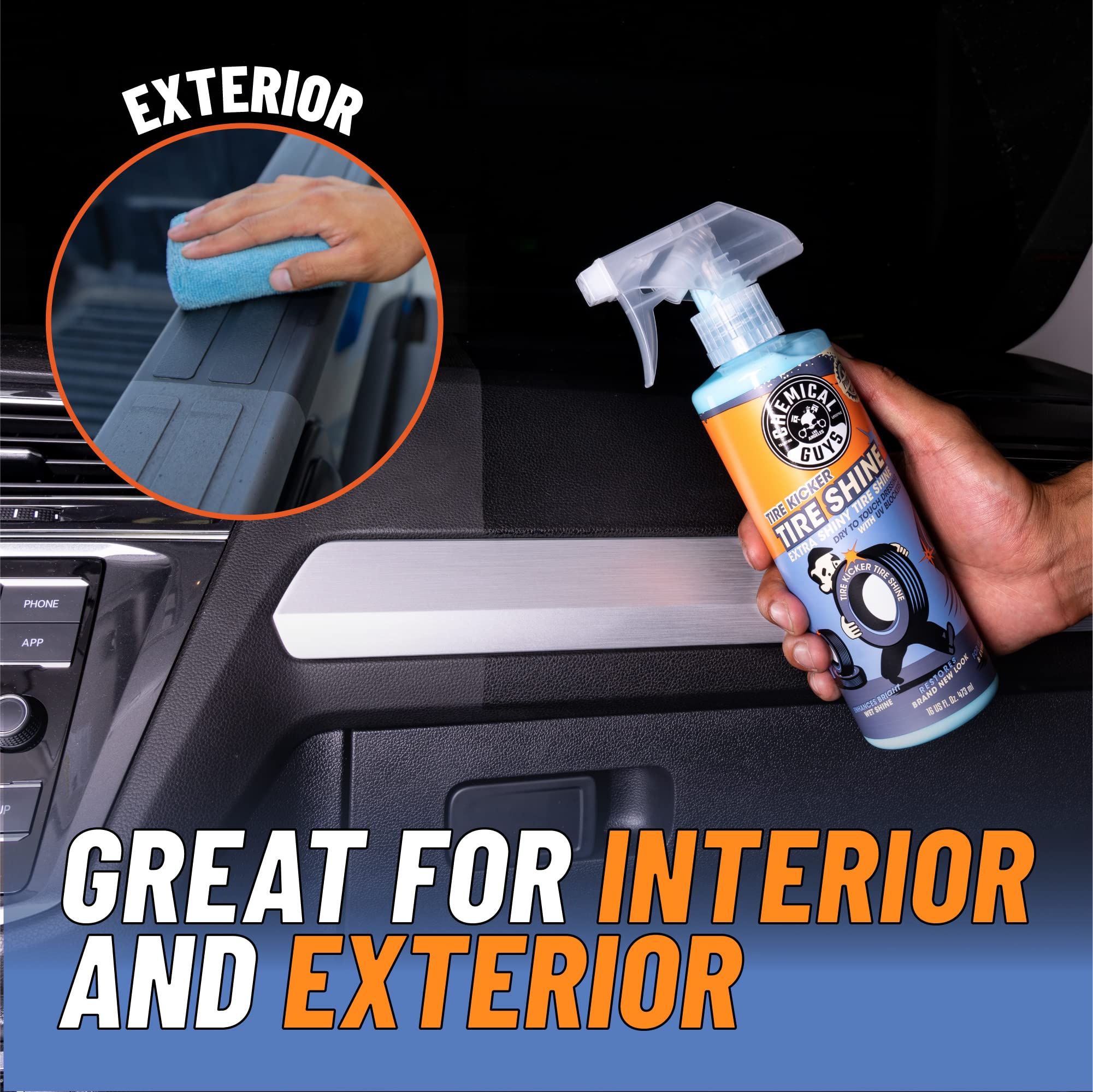 Chemical Guys Tire Kicker sprayable tire shine demonstrates a dry-to-touch finish on surfaces