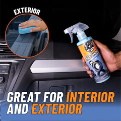 Chemical Guys Tire Kicker sprayable tire shine demonstrates a dry-to-touch finish on surfaces