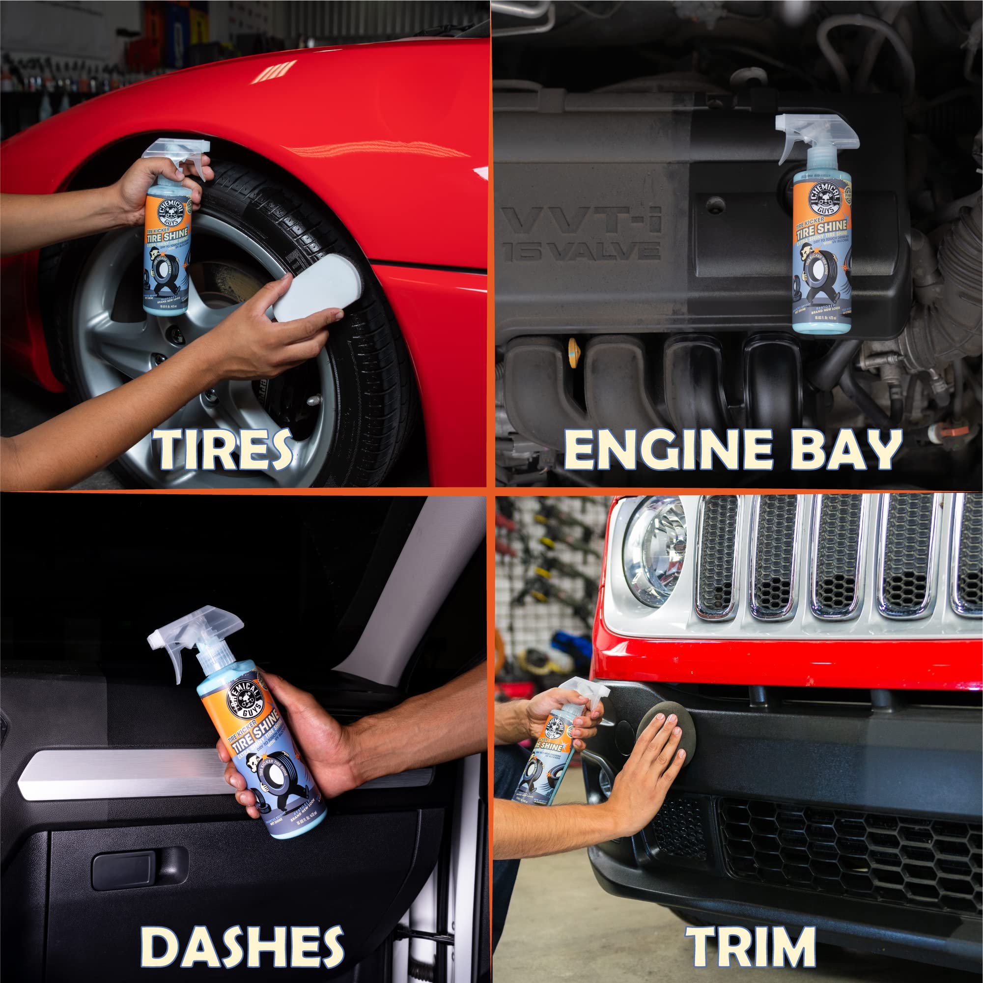 Chemical Guys Tire Kicker sprayable tire shine used on interior plastics for refreshed appearance