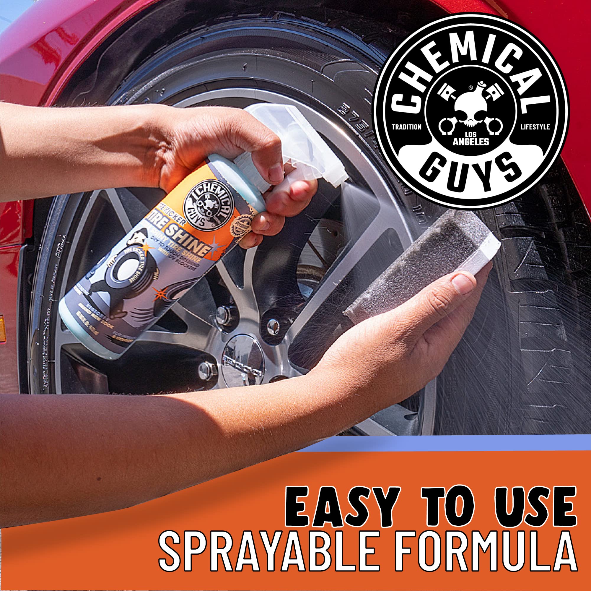 Chemical Guys Tire Kicker sprayable tire shine on a tire shows wet-look finish