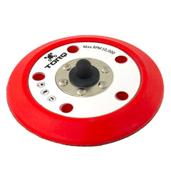 Chemical Guys TORQ R5 backing plate, red, side view highlighting surface protection.