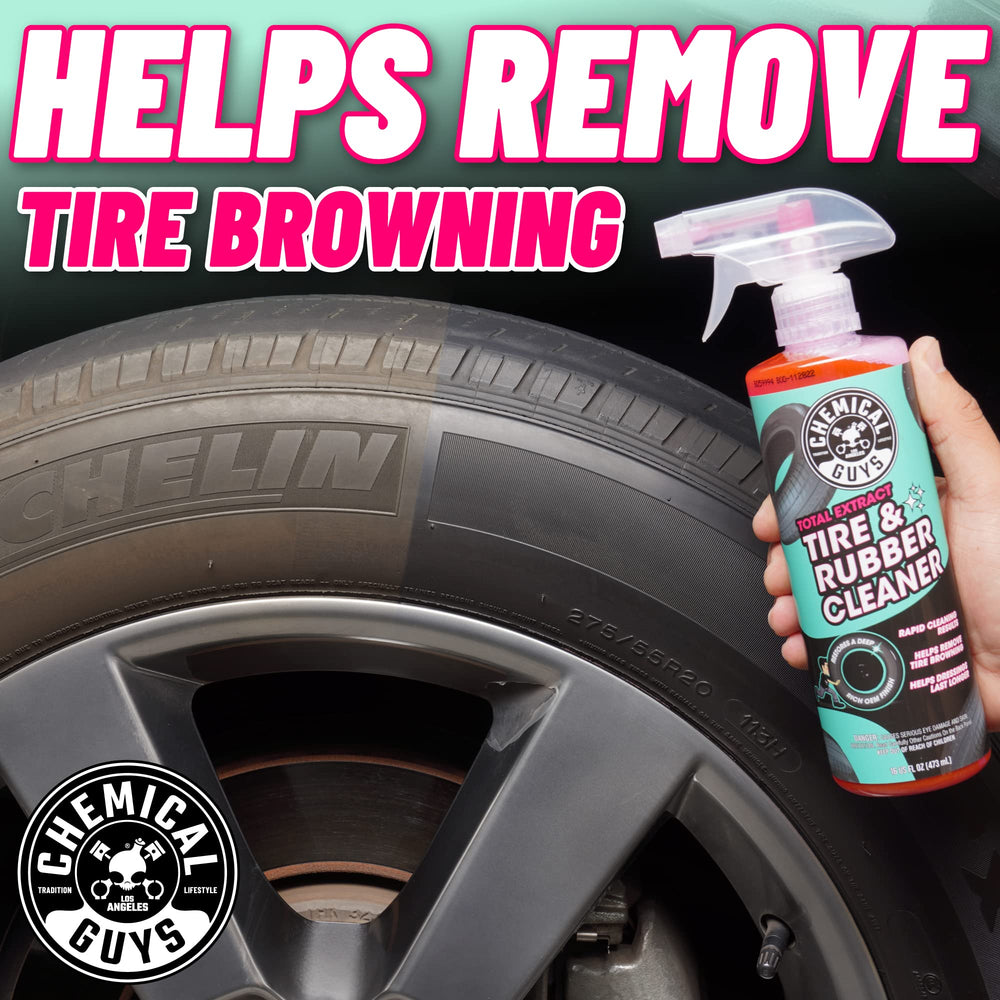 Close-up action demonstrates degreasing power removing embedded grime from rubber.