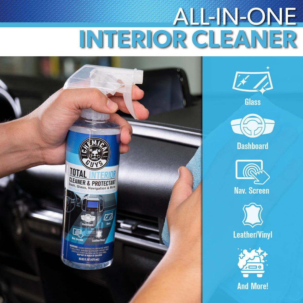 Chemical Guys Total Interior Cleaner on dash showing refreshed natural finish