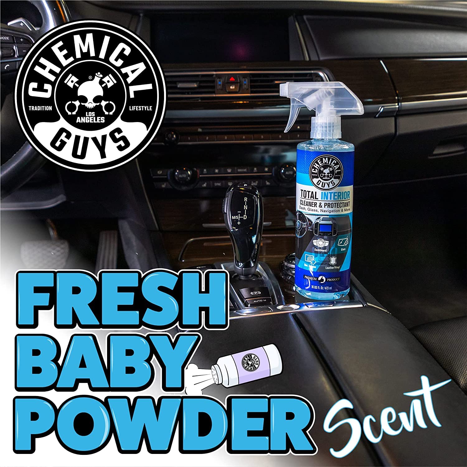 Chemical Guys Total Interior Cleaner cleans dash and door panels effectively.