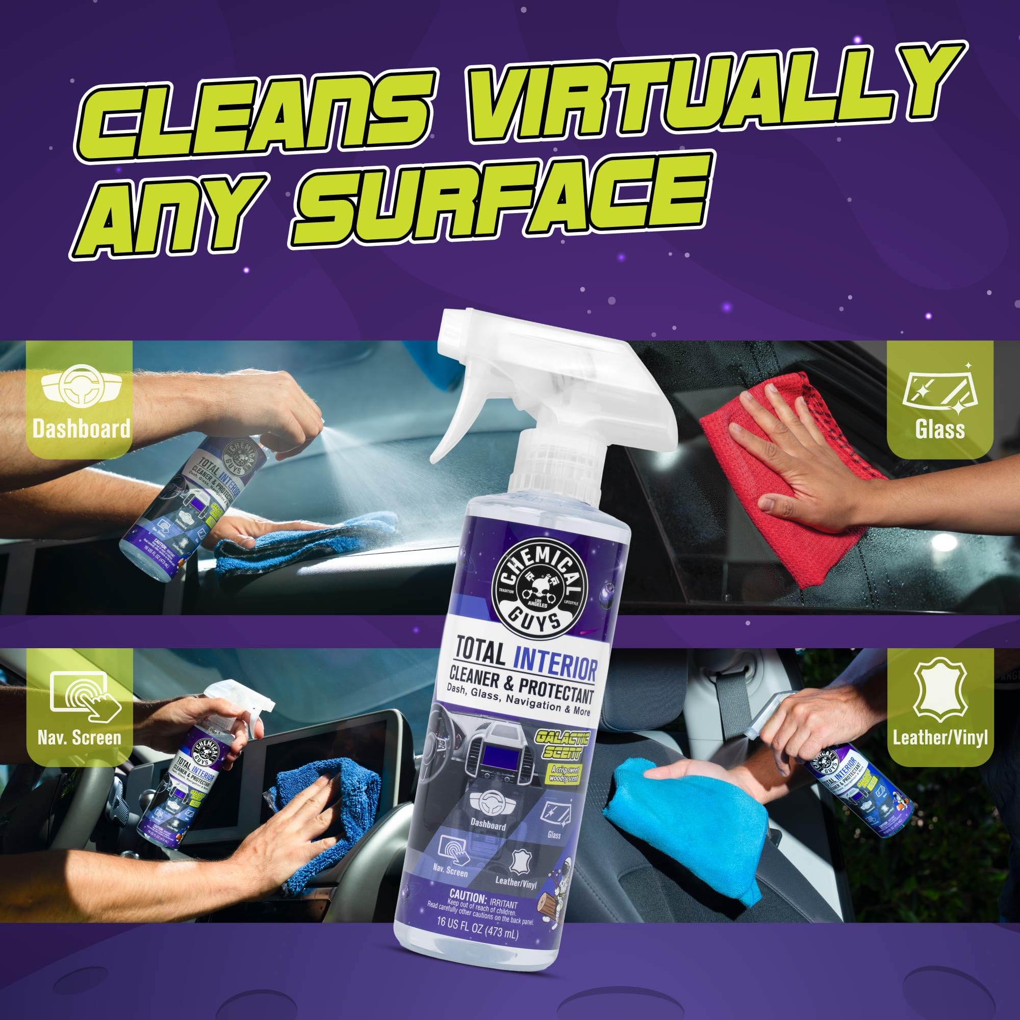 Chemical Guys Total Interior Cleaner on dashboard for streak-free, refreshed look.