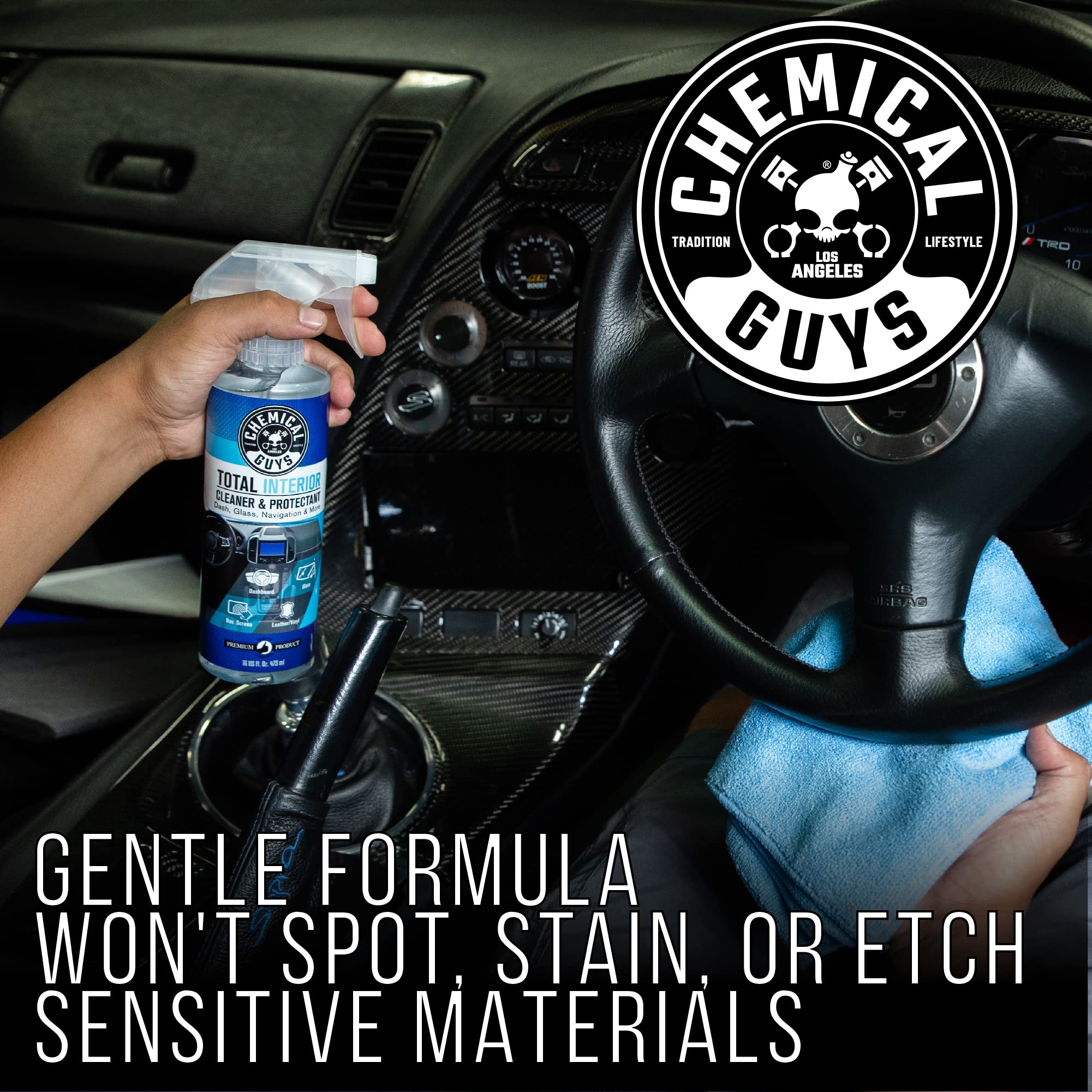 Chemical Guys Total Interior Cleaner quick spray and wipe—no rinsing needed