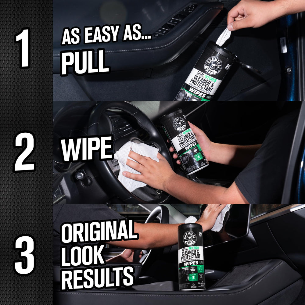 Chemical Guys Total Interior Wipes come in a compact canister for easy storage