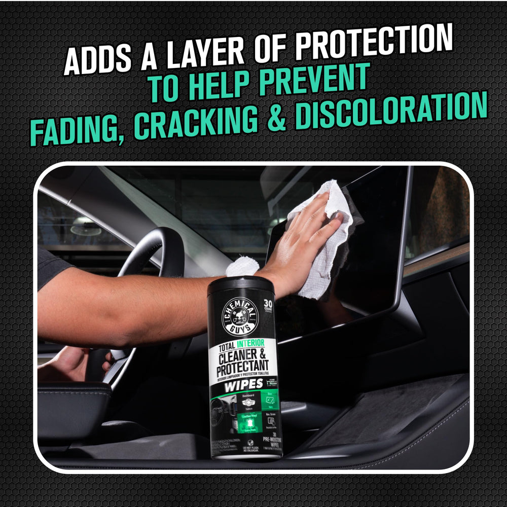 Chemical Guys Total Interior Wipes are ideal for quick touch-ups during travel