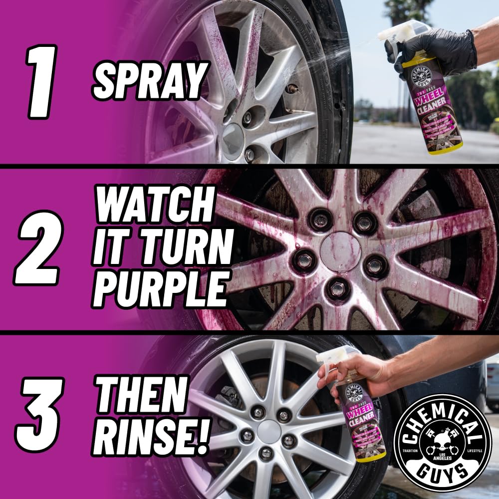 Two Face Wheel Cleaner color change from clear to purple signals cleaning.