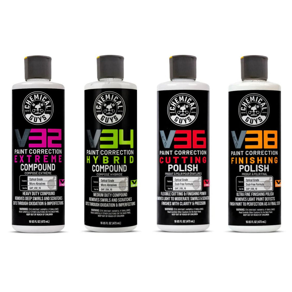 Chemical Guys V Line 4-bottle kit shown for professional-grade paint correction at home.