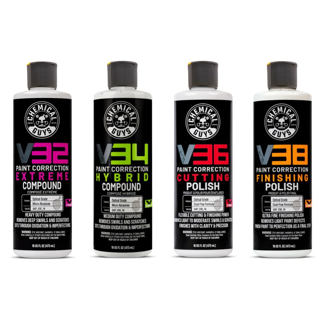 Chemical Guys V Line 4-bottle kit shown for professional-grade paint correction at home.