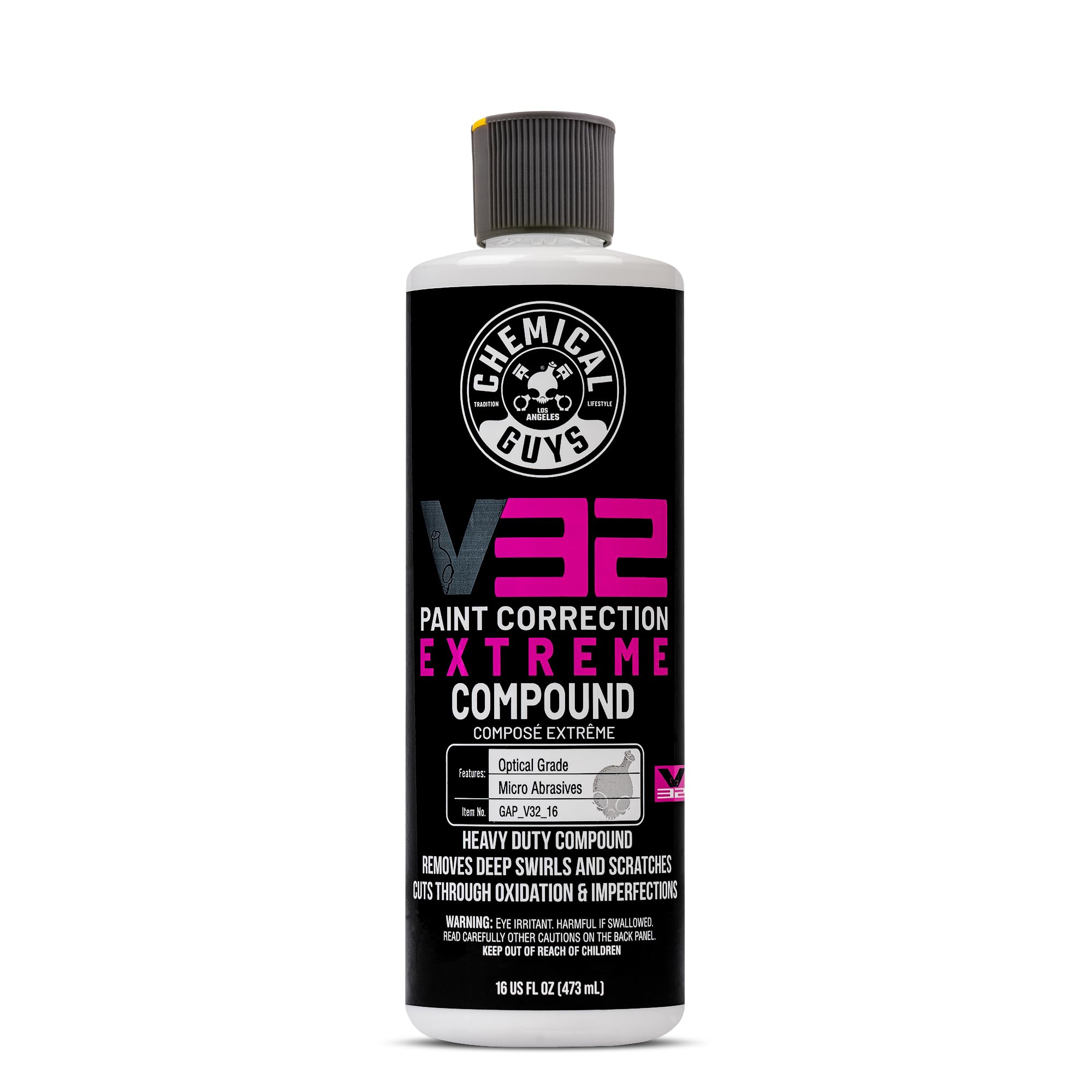 Chemical Guys V32 Optical Grade Extreme Compound bottle for deep defect removal and extended work time.