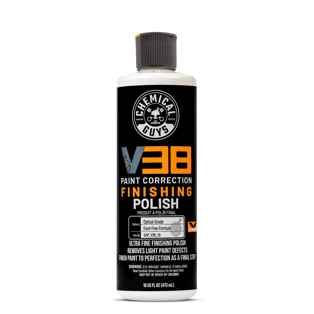 Chemical Guys V38 bottle of optical-grade final polish for defect removal and enhanced clarity