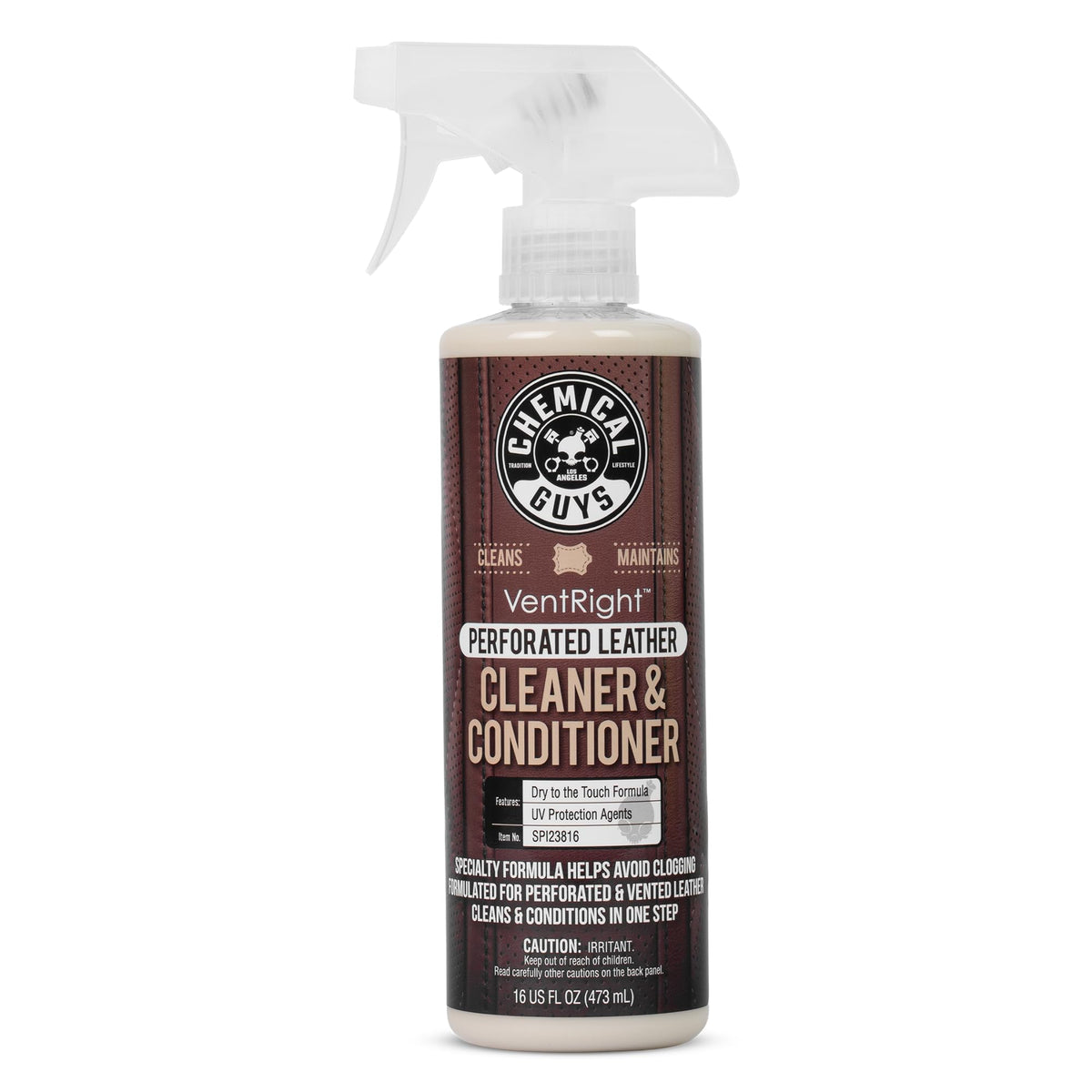 Chemical Guys VentRight bottle pouring, targeting perforated leather cleaning.