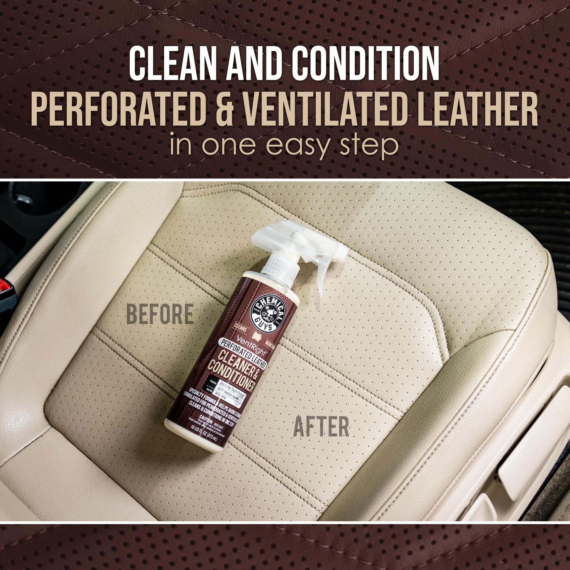 VentRight label close-up, ideal for deep perforated leather cleaning.
