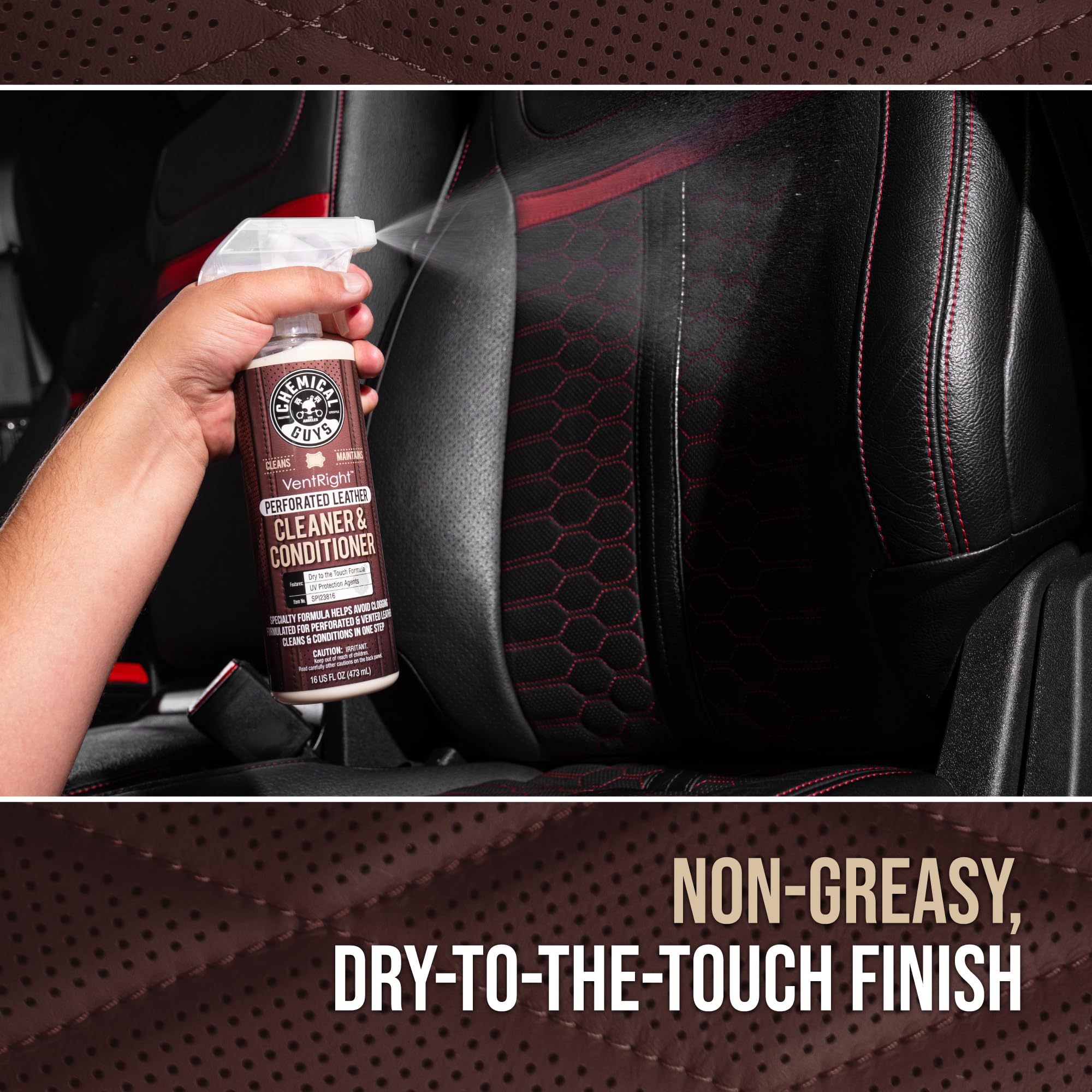Chemical Guys VentRight application with microfiber towel on ventilated leather.