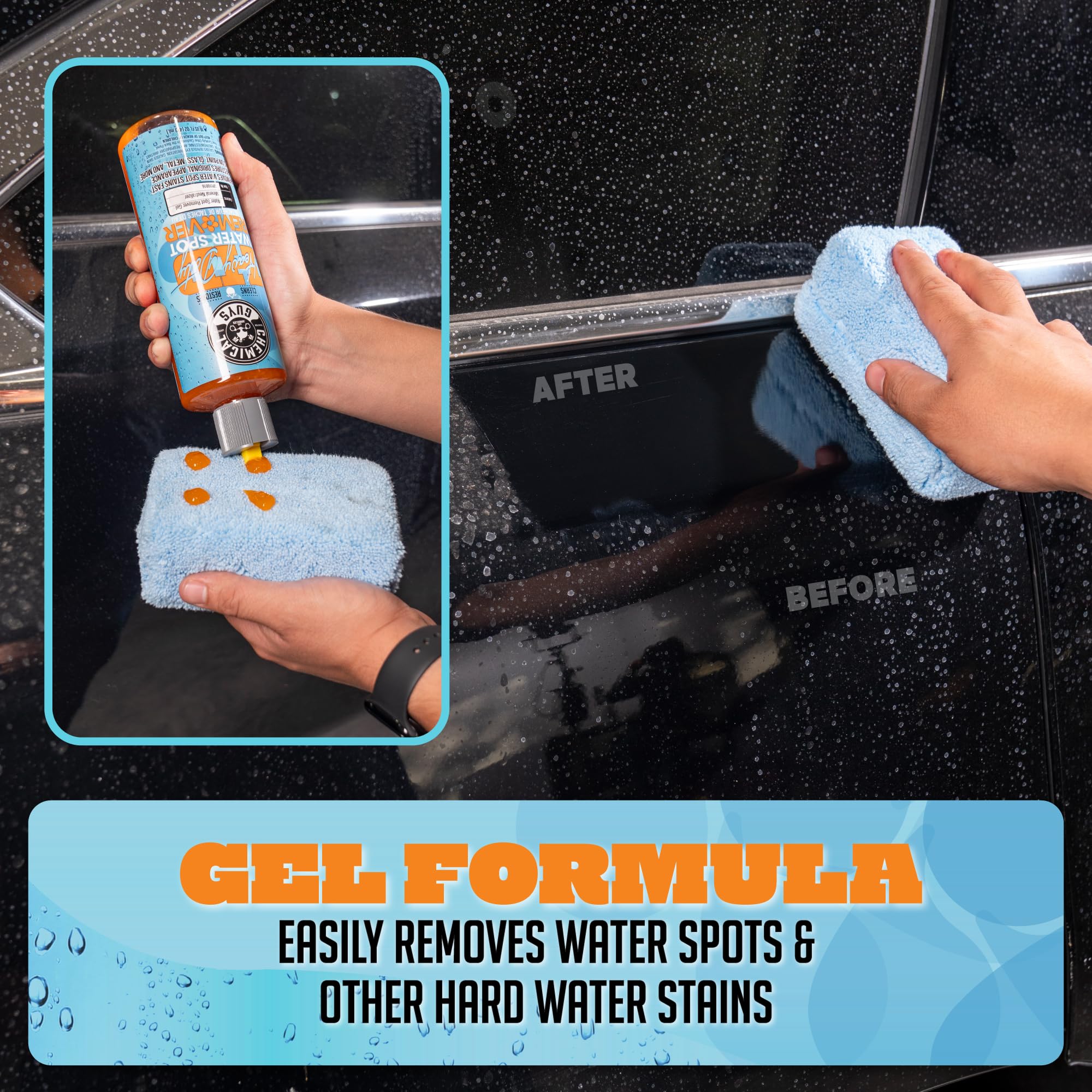 Chemical Guys water spot remover gel on paint panel removes mineral stains safely